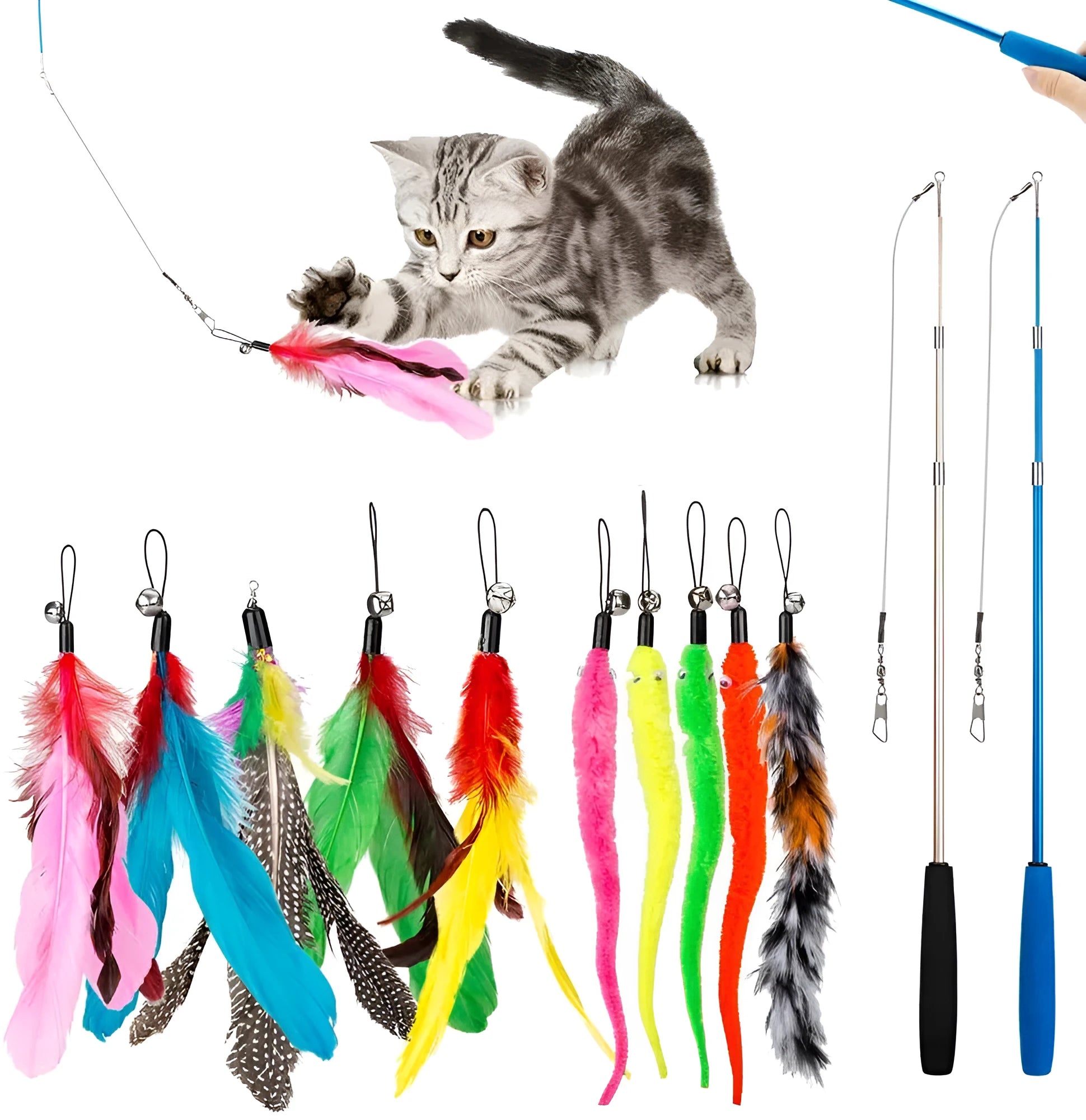 Cat teaser pole set with two fishing rods and ten feather lure heads for interactive play