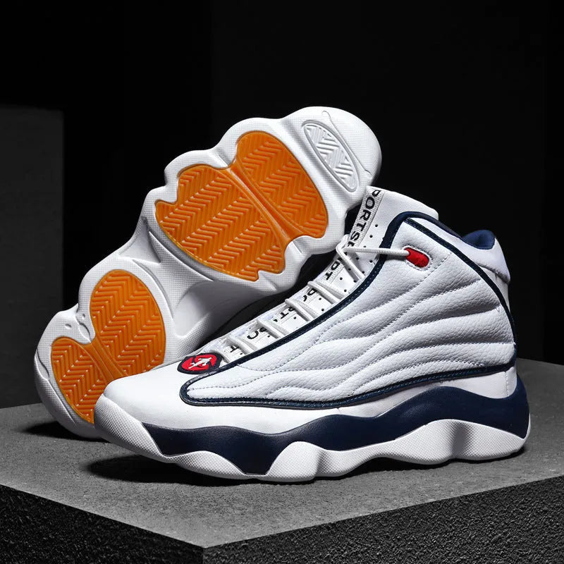 Men's high-top mesh basketball shoes with thick rubber sole in AJ13 white red colourway