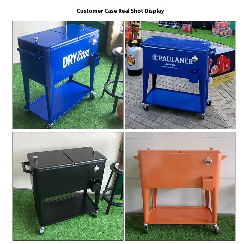 Red outdoor metal trolley with an integrated insulated cooler box, showing wheels and a 750 capacity.