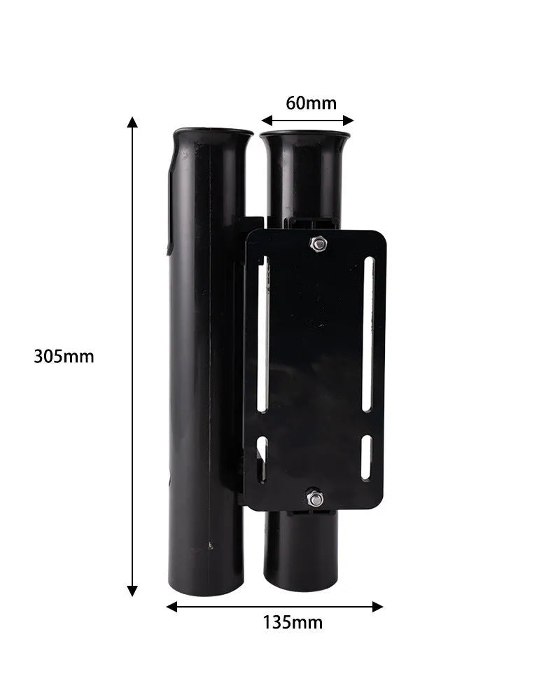 Motorcycle fishing rod rack with double-layer plastic construction and adjustable pipe clamp mounting system