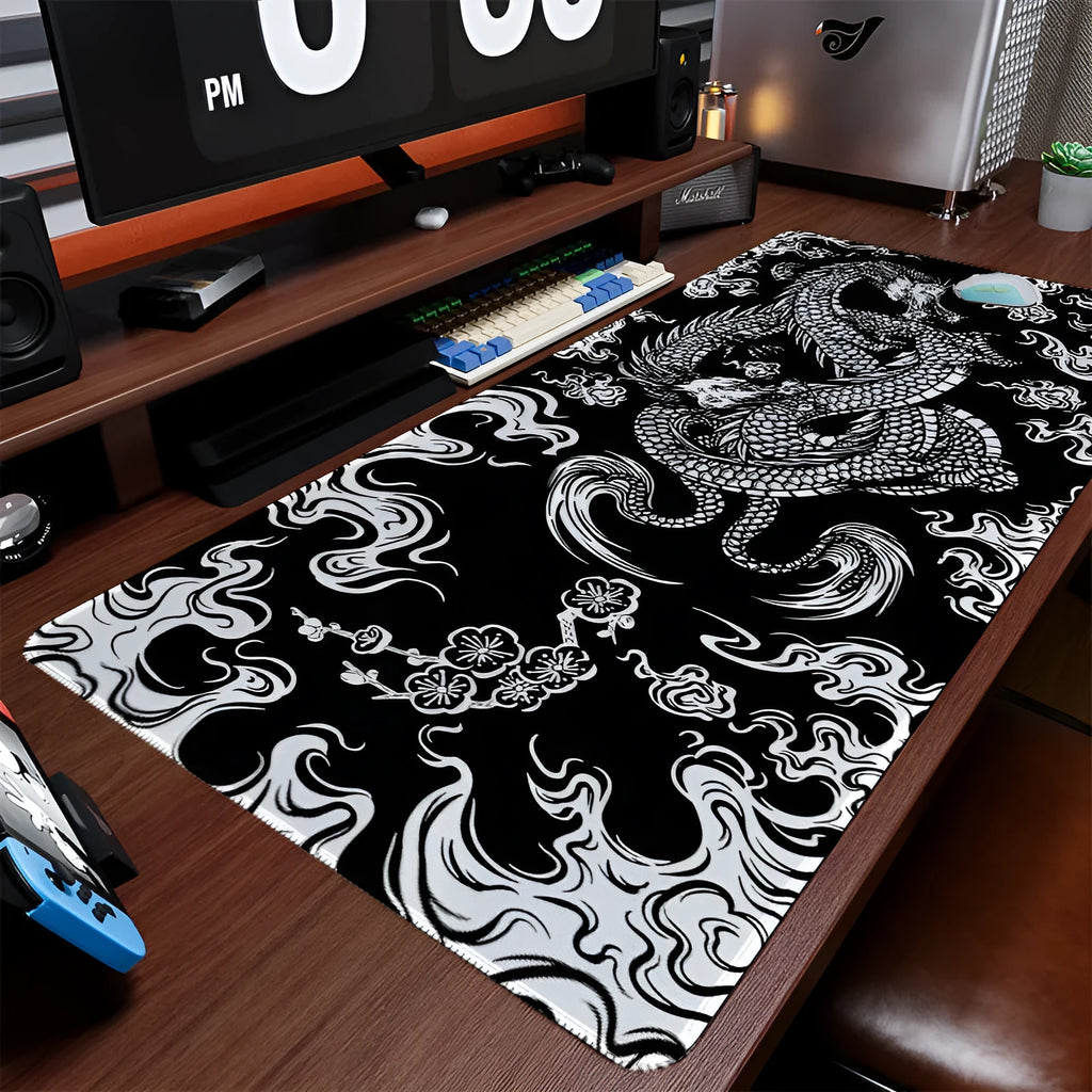 Esports gaming mouse pad with detailed Flower Dragon pattern, showing cloth surface and non-slip base.