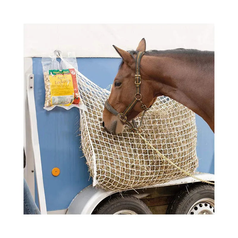 Woven grid hanging feeding bag for horses and livestock in black or white PE rope construction