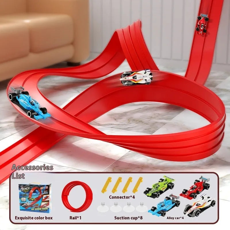 DIY assembled plastic inertia rail car toy set with 4m or 5m red or blue track in a colour box