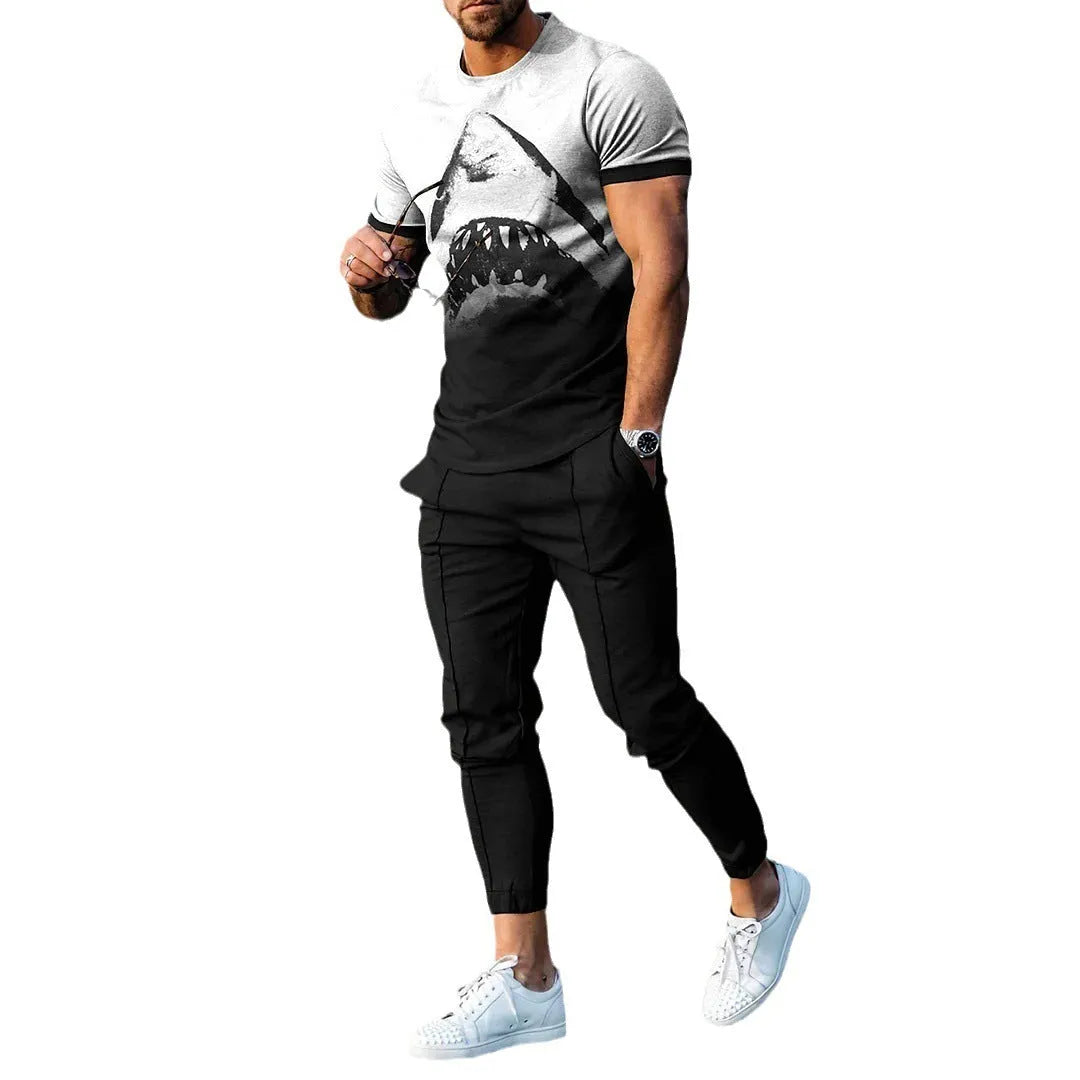 Men's lightweight printed short-sleeve top and trousers two-piece sports suit set