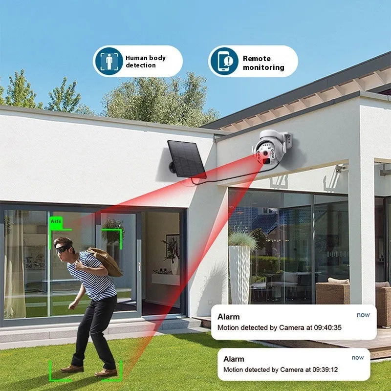 Outdoor solar-powered security camera in camouflage colour with integrated solar panel on top.