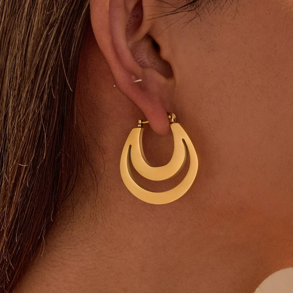 Gold plated geometric French earrings with round ring minimalist design