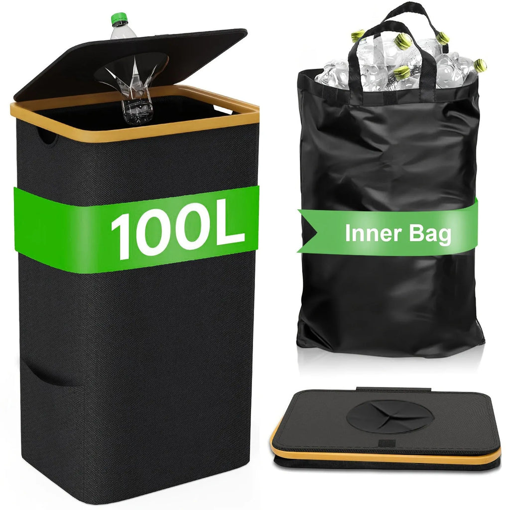 Black bamboo laundry basket with removable lid, ventilation holes, and two inner pockets.