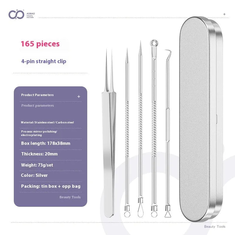 Four silver metal acne needles with fine pointed tips for blackhead removal.