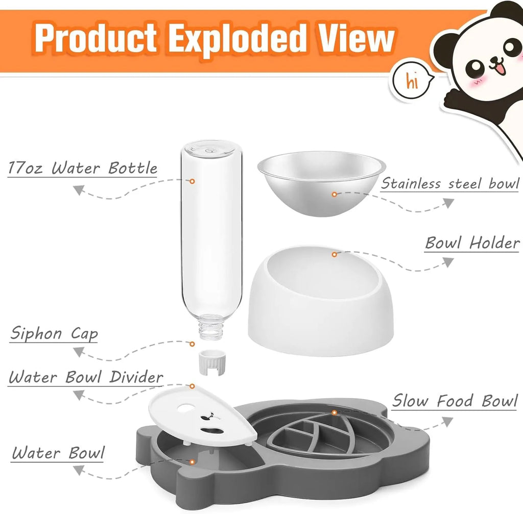 Panda-shaped elevated pet food and water bowl set with automatic dispenser bottle on stable base
