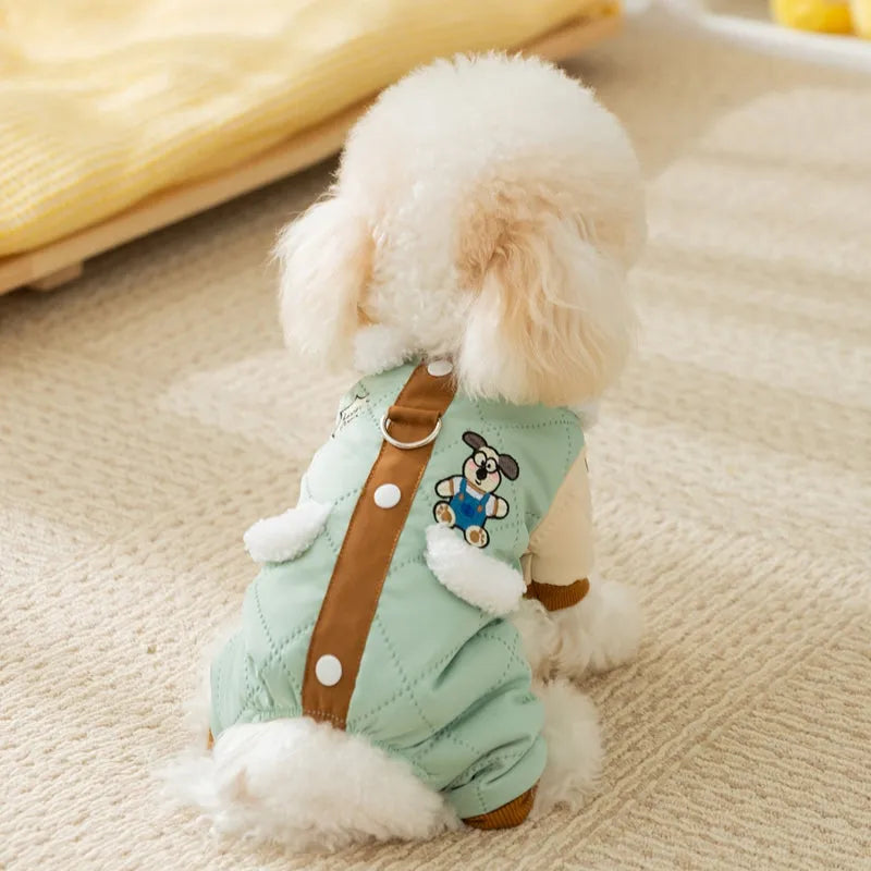 Warm thick Maillard pocket patch four-legged cotton dog coat in green with fleece-lined collar and leash ring