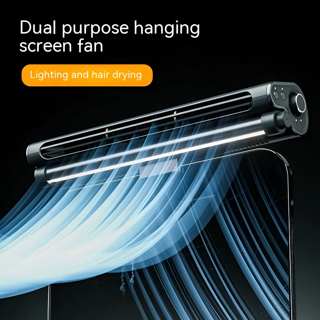 Black USB-powered bladeless clip-on fan attached to laptop screen with integrated LED lighting