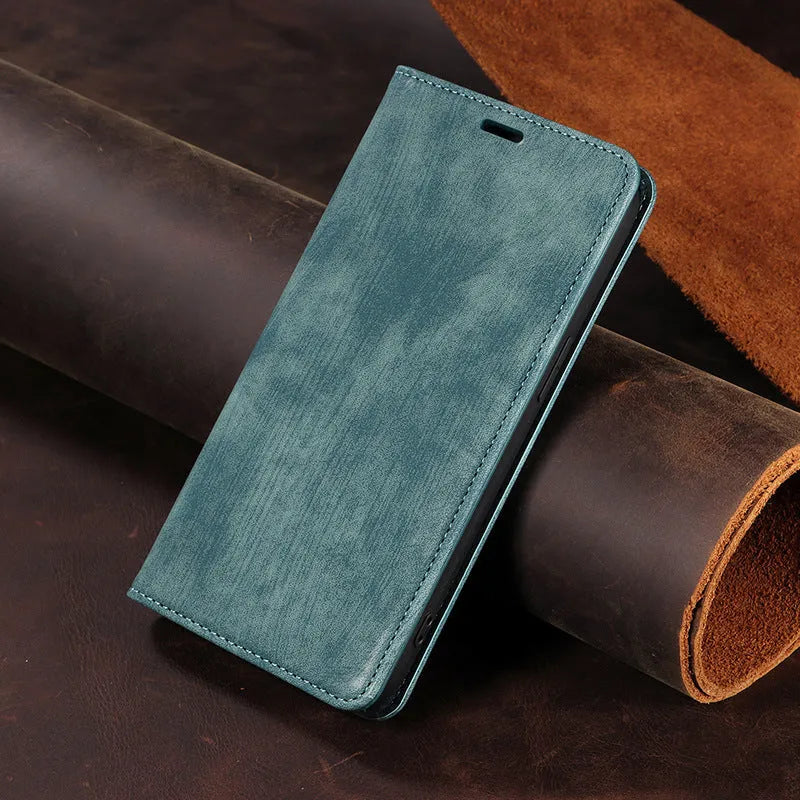 Magnetic flip phone case in solid colour made of TPU and leather for iPhone models