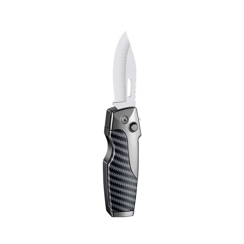 Zinc alloy metal folding lighter tool with jet flame and knife blade in a camouflage finish.