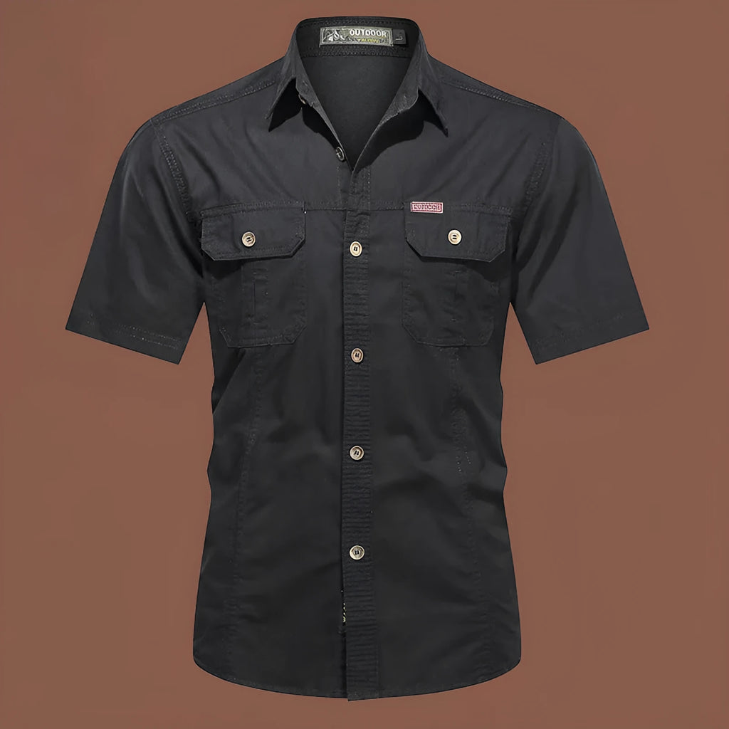 Men's cotton short sleeve work shirt in loose fit with non-iron treatment shown in multiple colour options