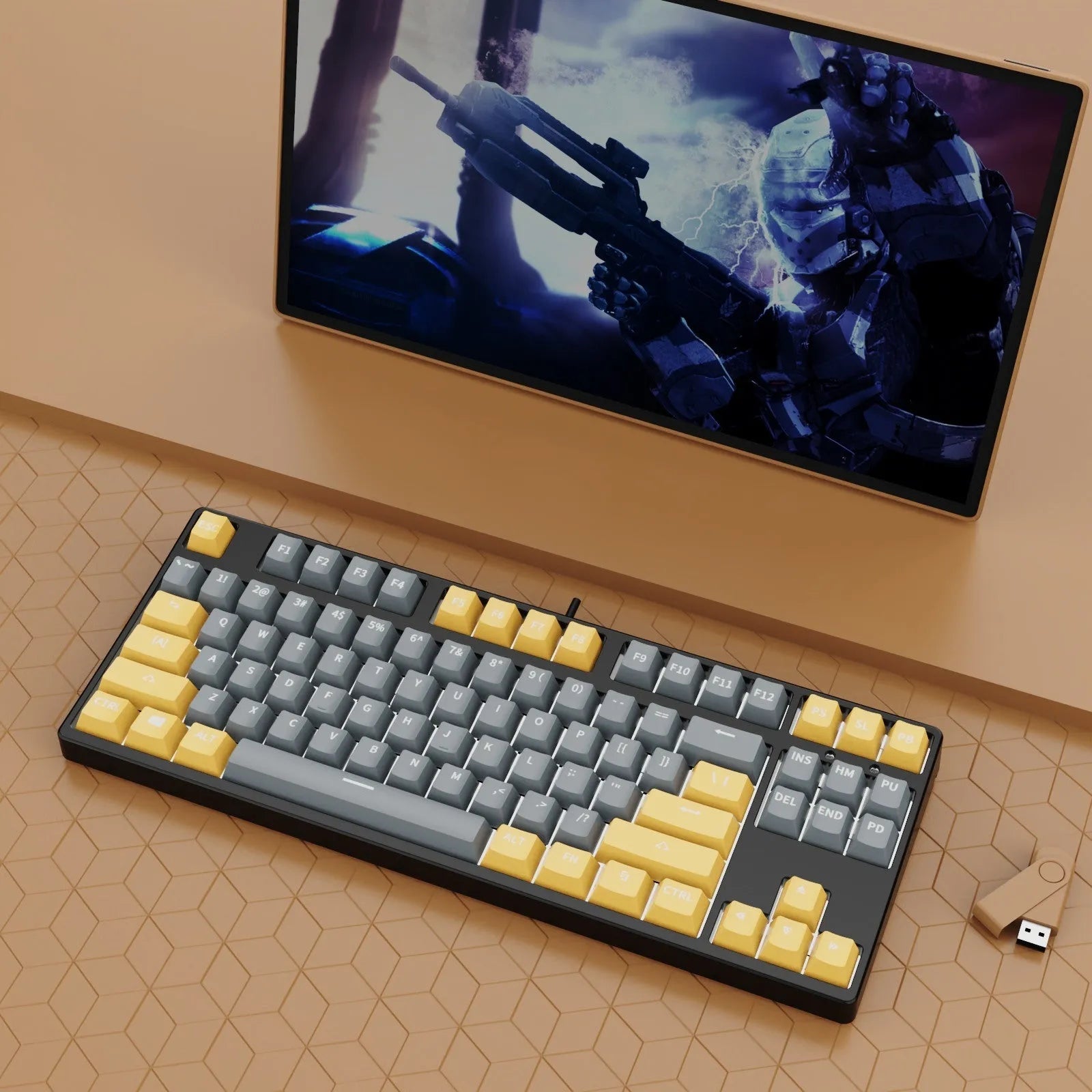87 key wired mechanical keyboard with metal chassis shown in a black, orange, and yellow colour configuration.
