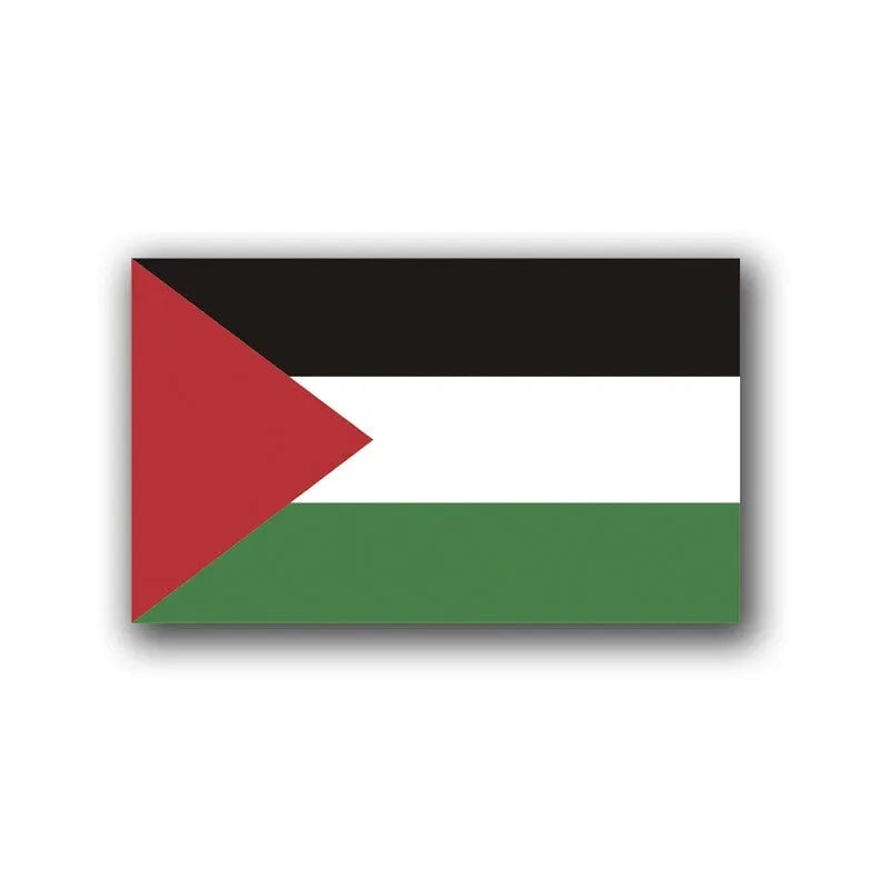 Palestinian flag car decal sticker on a vehicle window, showing PET material durability.