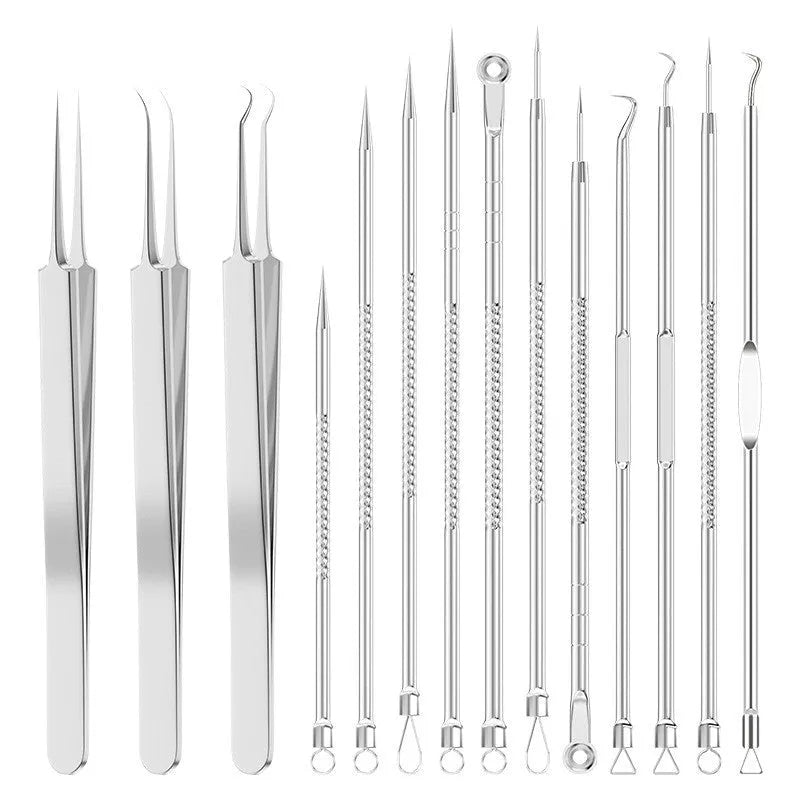 Four silver metal acne needles with fine pointed tips for blackhead removal.