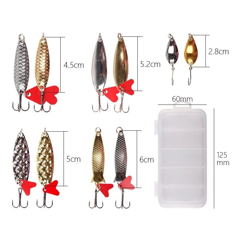 Iron fishing lure with pineapple-shaped sequin box containing gold and silver metal sequins for false bait angling