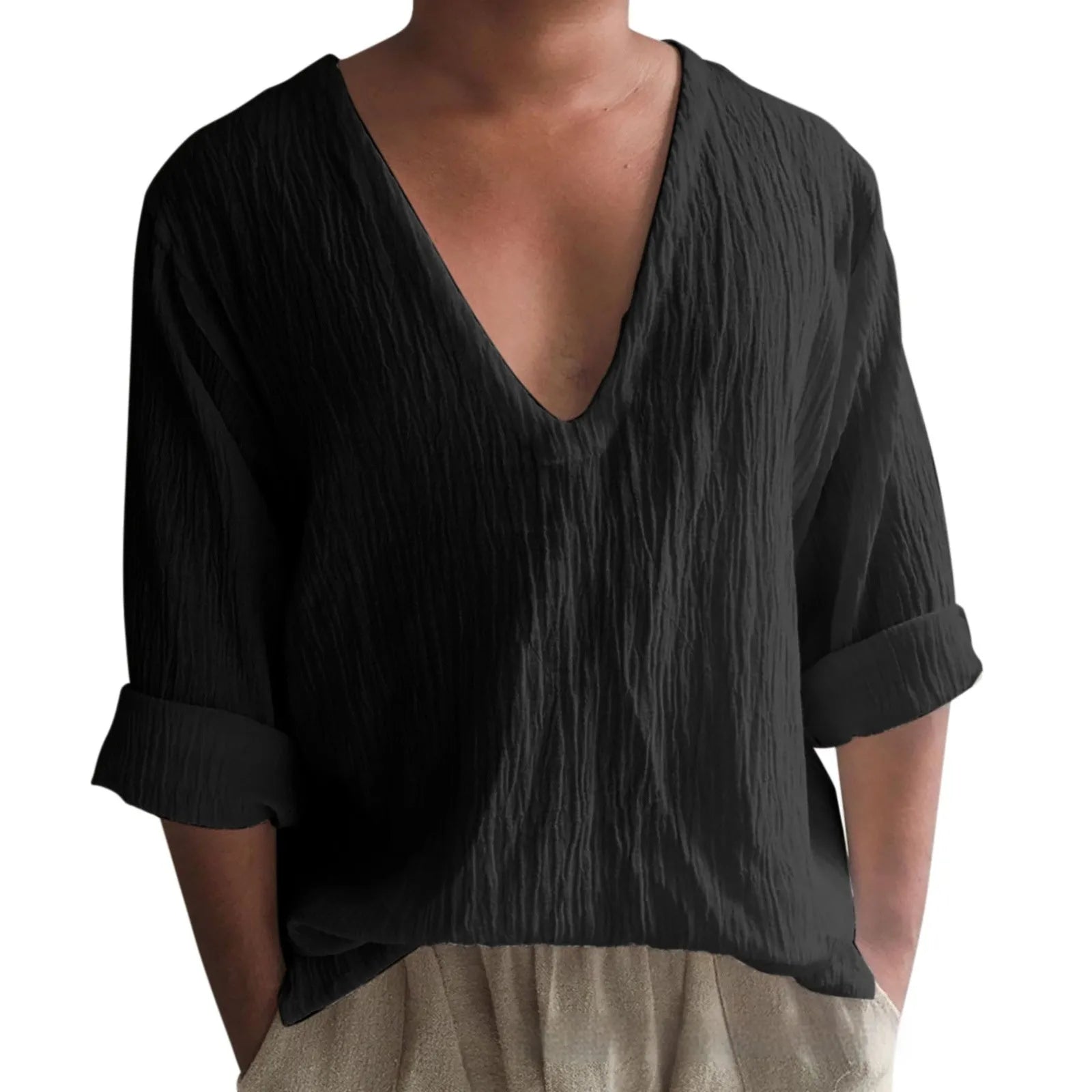 Men's washed cotton long sleeve V-neck t-shirt in solid colour on a neutral background