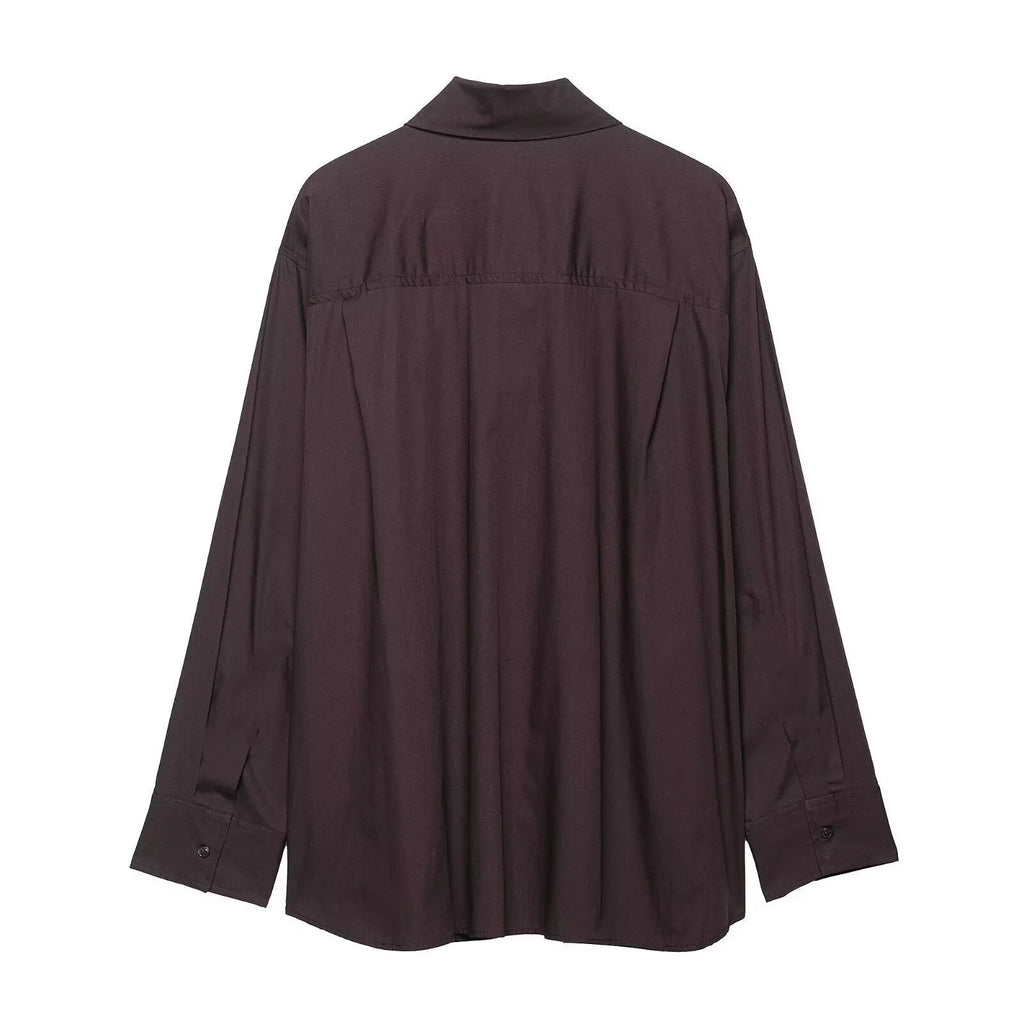 Brown women's poplin shirt with bow tie detail and long sleeves in loose fit