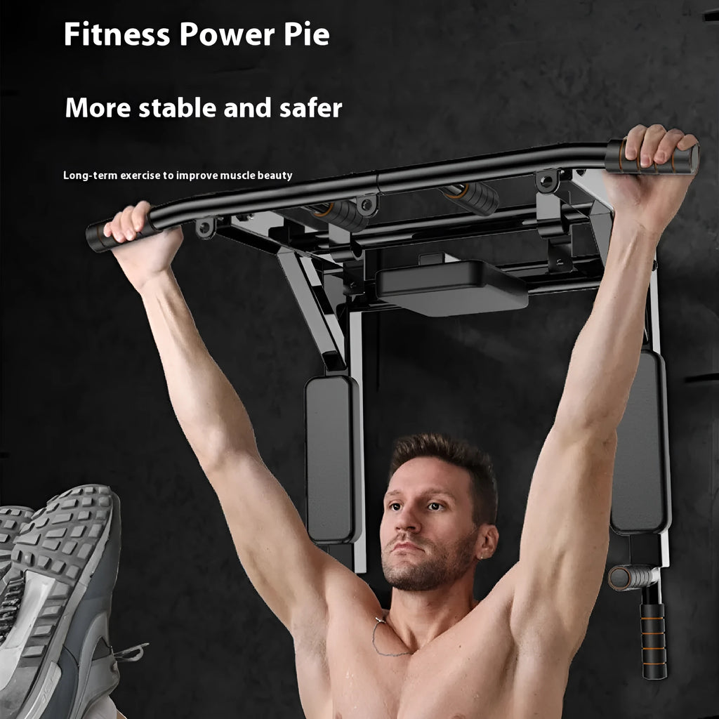 Black wall-mounted fitness equipment with sandbag rack and integrated parallel pull-up bars
