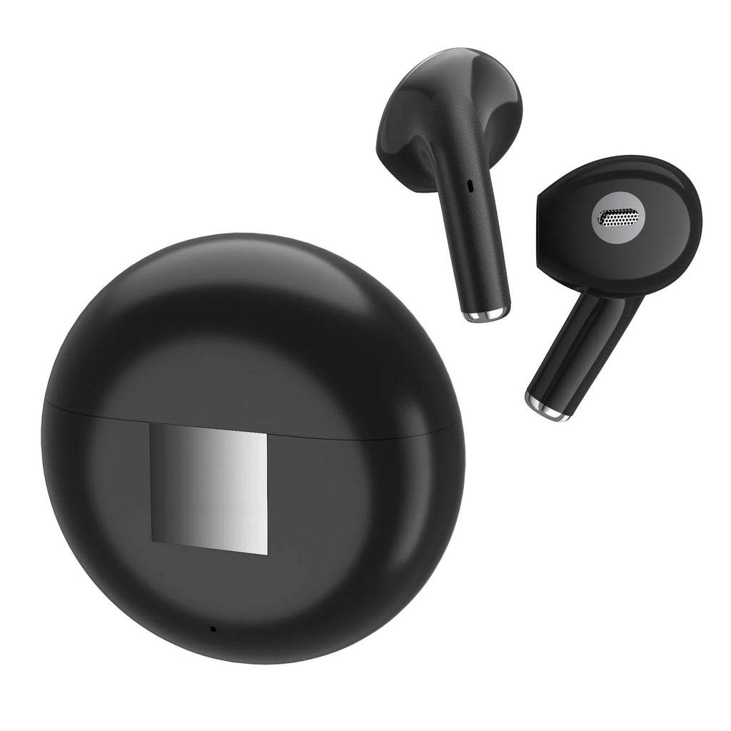 White Bluetooth wireless earbuds with charging compartment showing semi-in-ear design