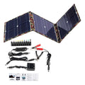Black foldable 36W solar panel open showing three monocrystalline silicon cells with charging accessories