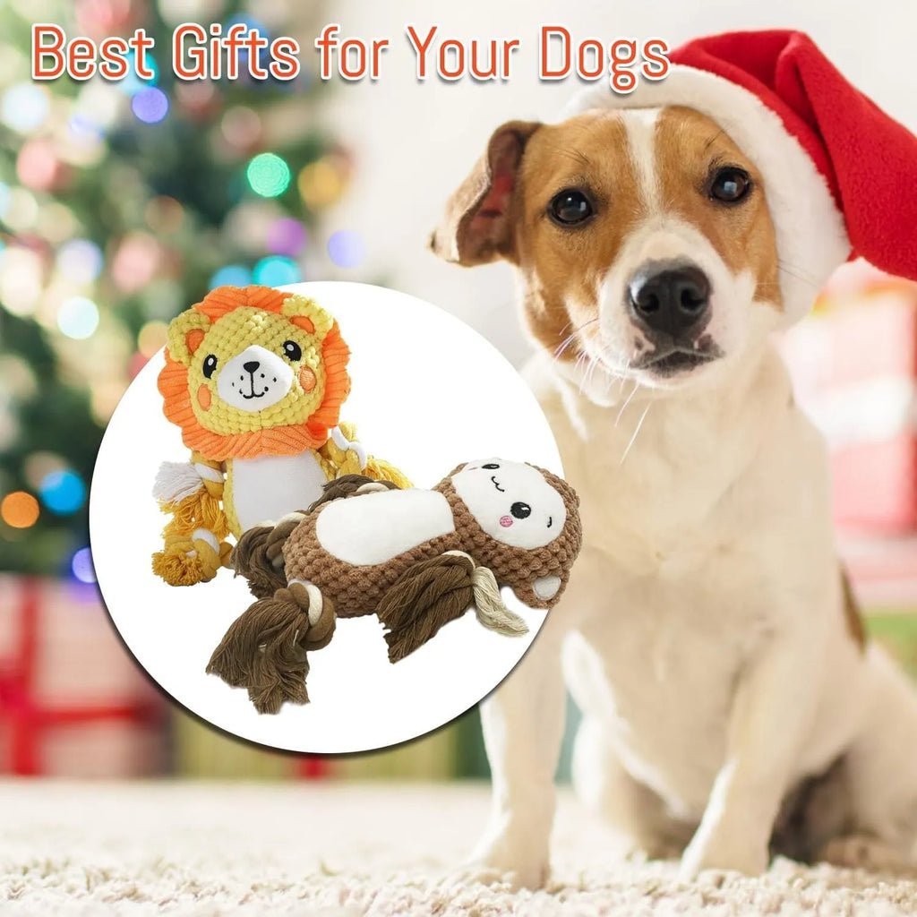 Lion and monkey stuffed squeaky dog toys bundle with plush fabric for medium and large breed dogs