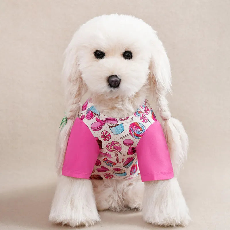 Small dog wearing full-print polyester t-shirt in casual style for spring or autumn
