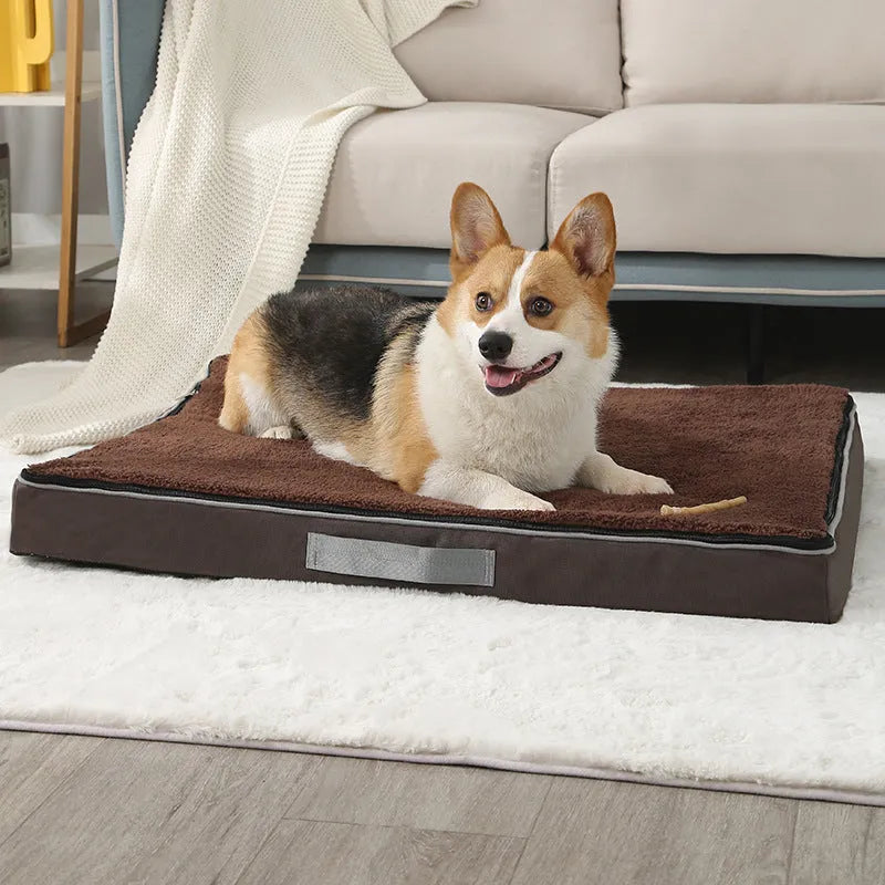Removable washable memory sponge dog mat in brown, showing size and texture.