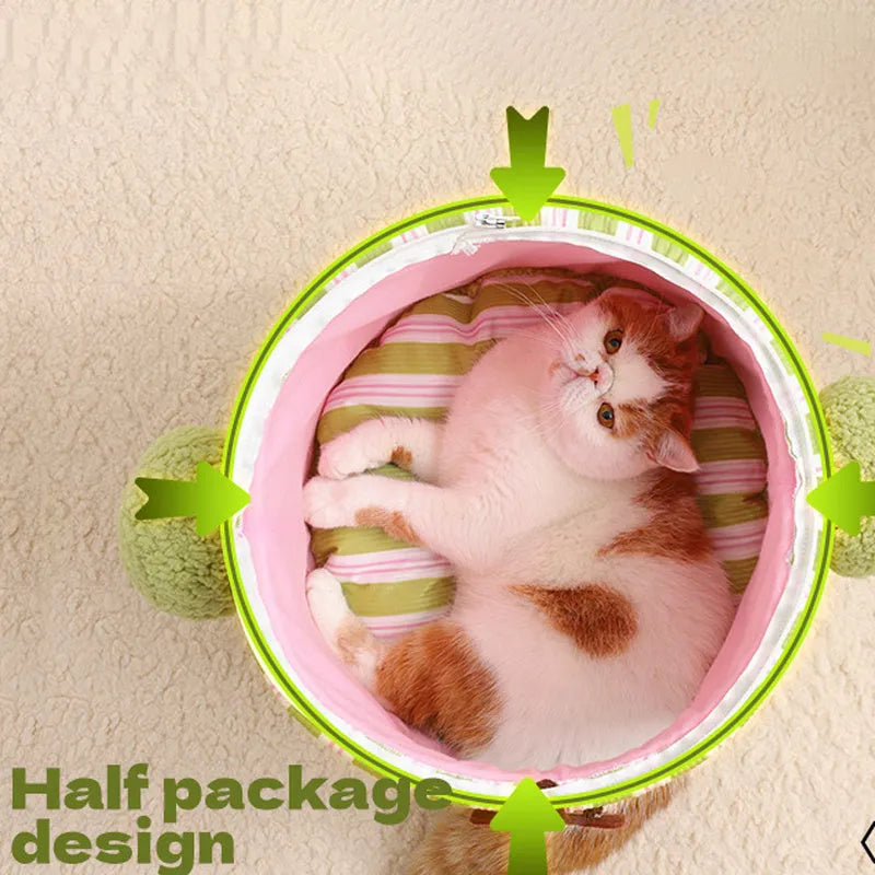 Green cauliflower-shaped enclosed cotton pet house for small dogs or cats on a wooden floor.