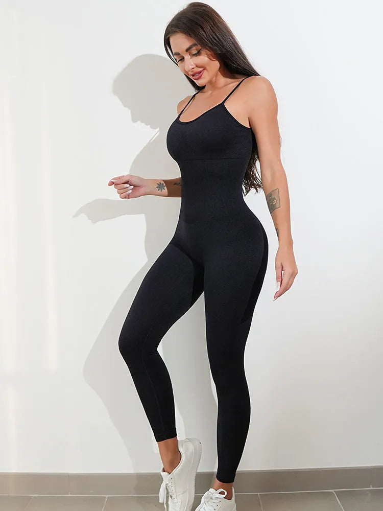 Black women's sleeveless jumpsuit with spaghetti straps and a tight-fitting, long cut.