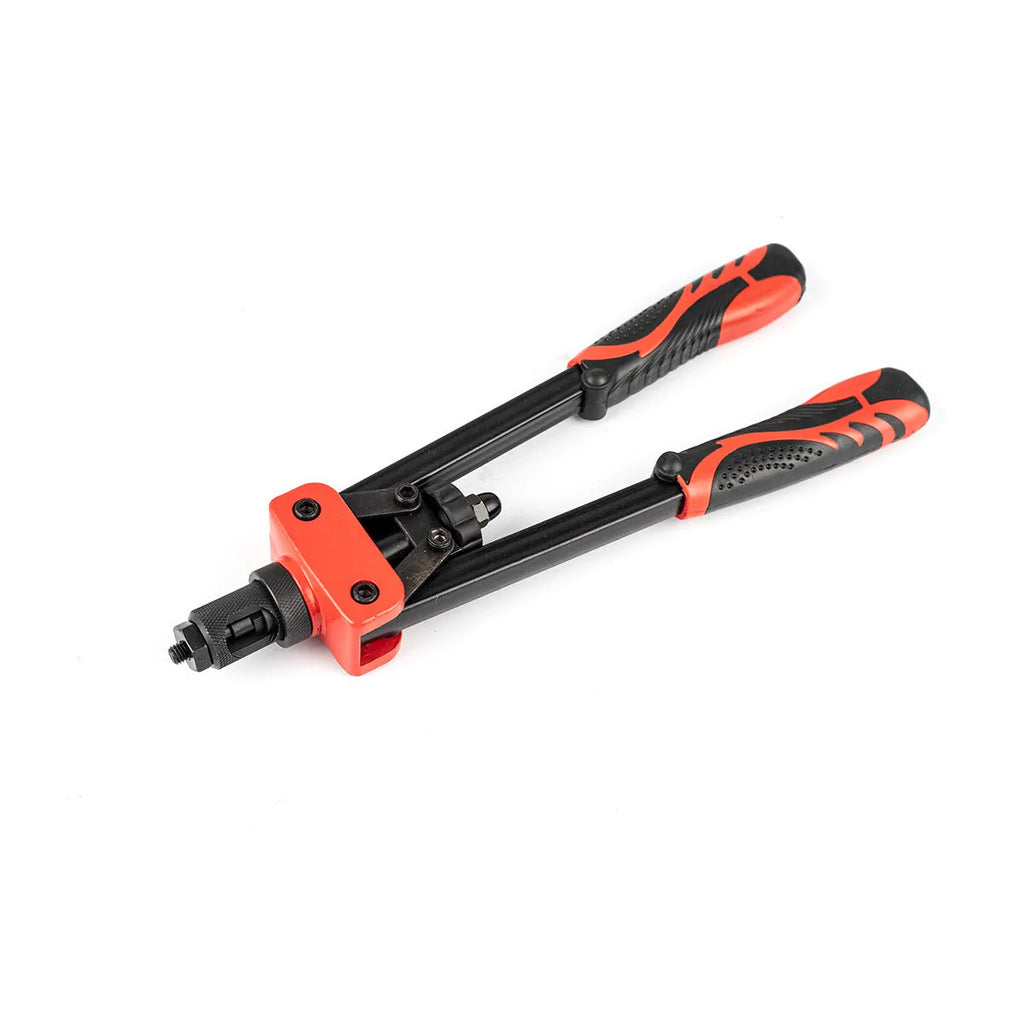 CQ14 14-inch alloy rivet nut tool with set of six metric gun tips on a workbench.