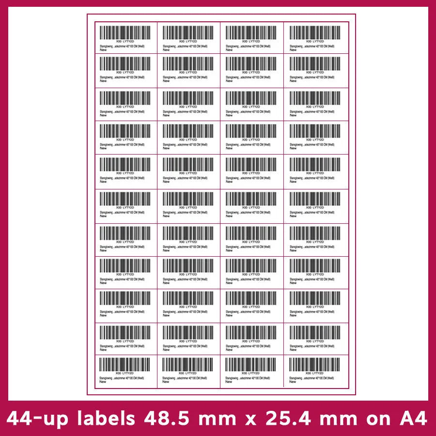 Pack of 100 pre-cut A4 FBA barcode label sheets showing multiple grid format options