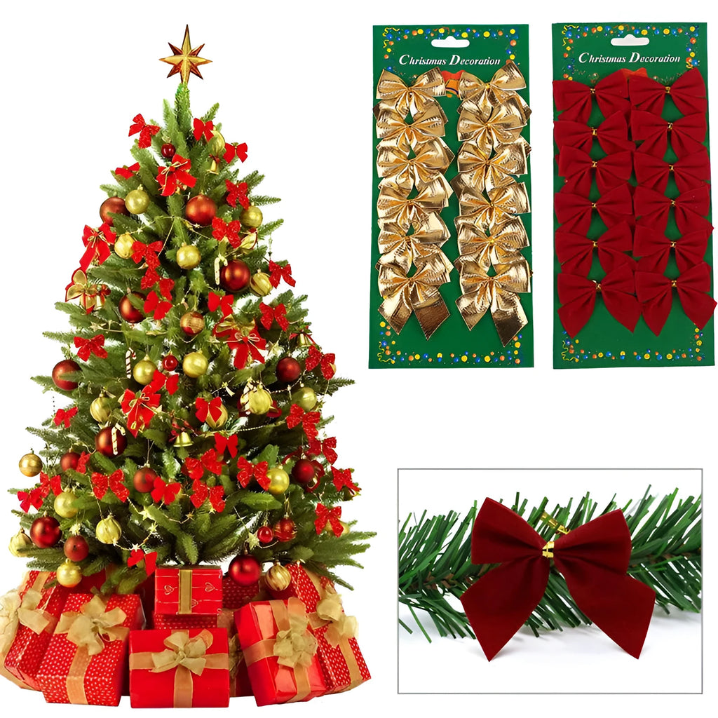 5 cm polyester Christmas bow ornament in gold, red, red gold, or silver colours for tree decoration