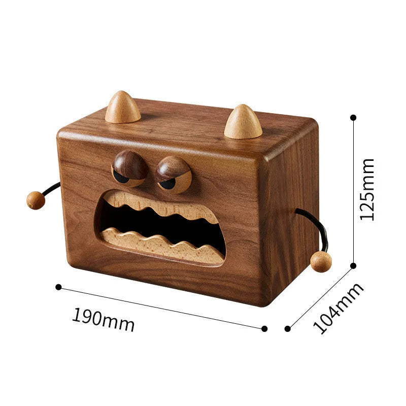 Wooden tissue box holder with Little Monster cartoon design measuring 190x104x125mm