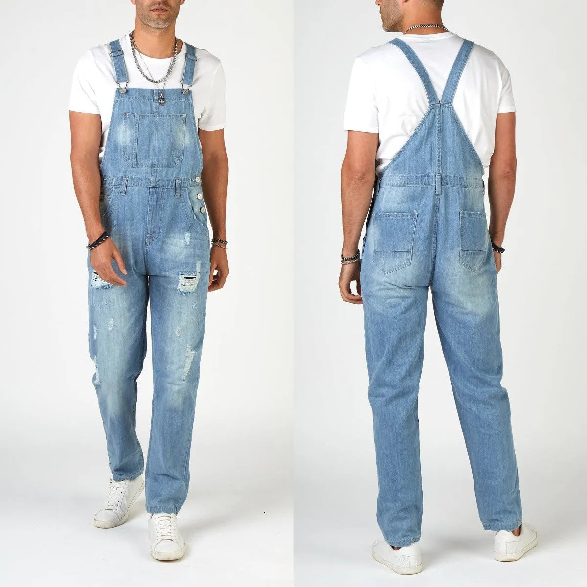 Light blue men's high-waisted jeans with button-on suspenders and a straight leg.