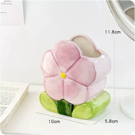 Ceramic flower pen holder storage box with floral pattern in blue, pink, or purple designs