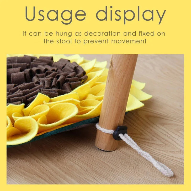 Yellow sunflower shaped dog snuffle mat with fleece petals for treat hiding games