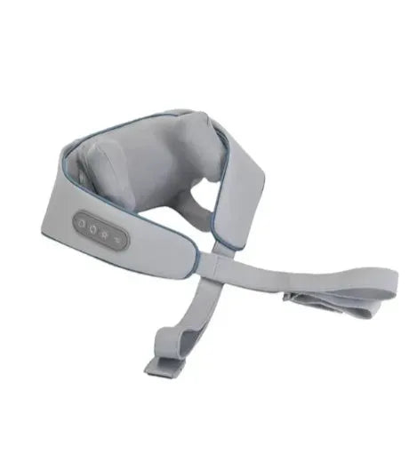 Milky white rechargeable shoulder and neck kneading massager on a plain background.
