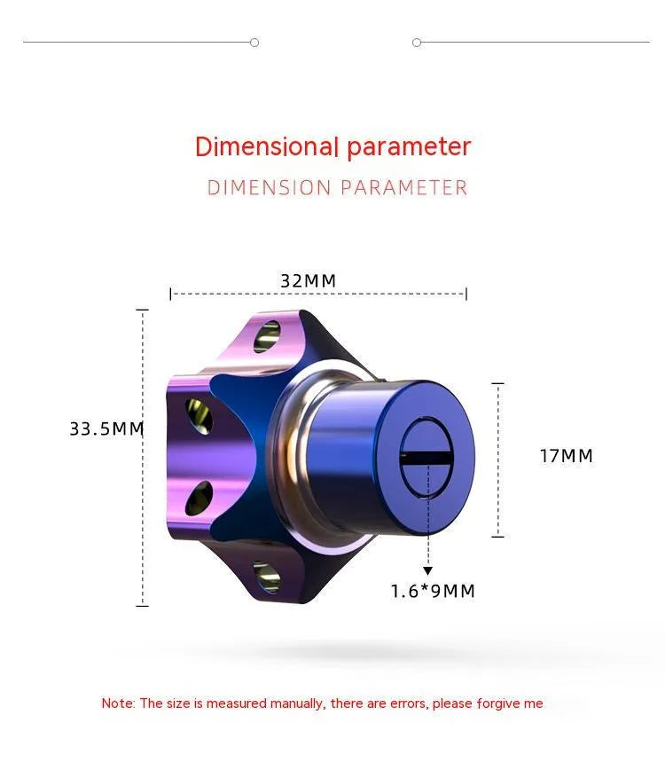 Motorcycle key head cover in T6 aluminium alloy showing hexagonal, five-pointed star, and plum blossom design options