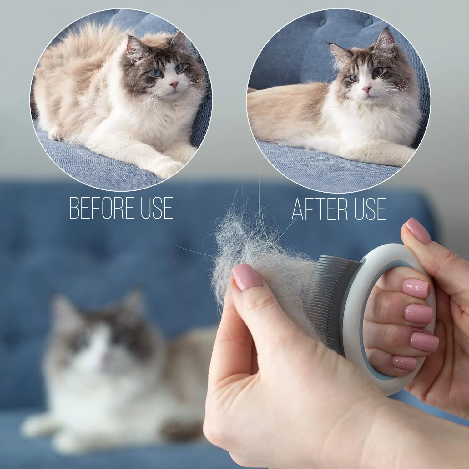 Curved pet grooming comb for cats and dogs with soft teeth and plastic handle