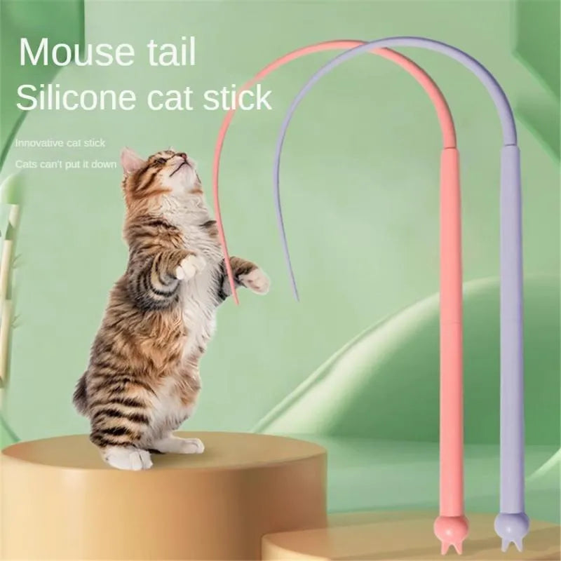 Blue cat teasing wand with silicone tail and cat head handle for interactive pet play