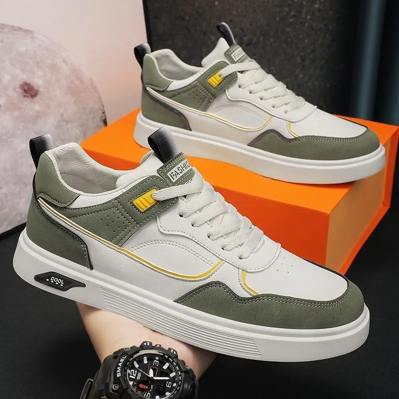 Men's Korean-style canvas board shoes with leather stitching and mesh lining in solid colour options