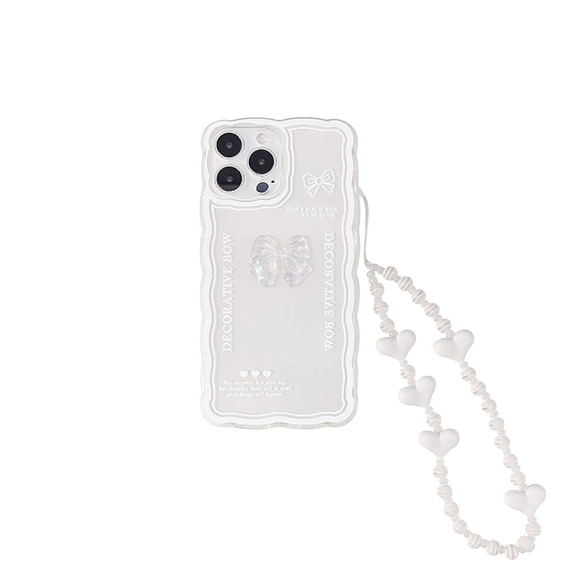 Transparent iPhone case with 3D ice crystal bow decoration on back, optional white love lanyard attachment