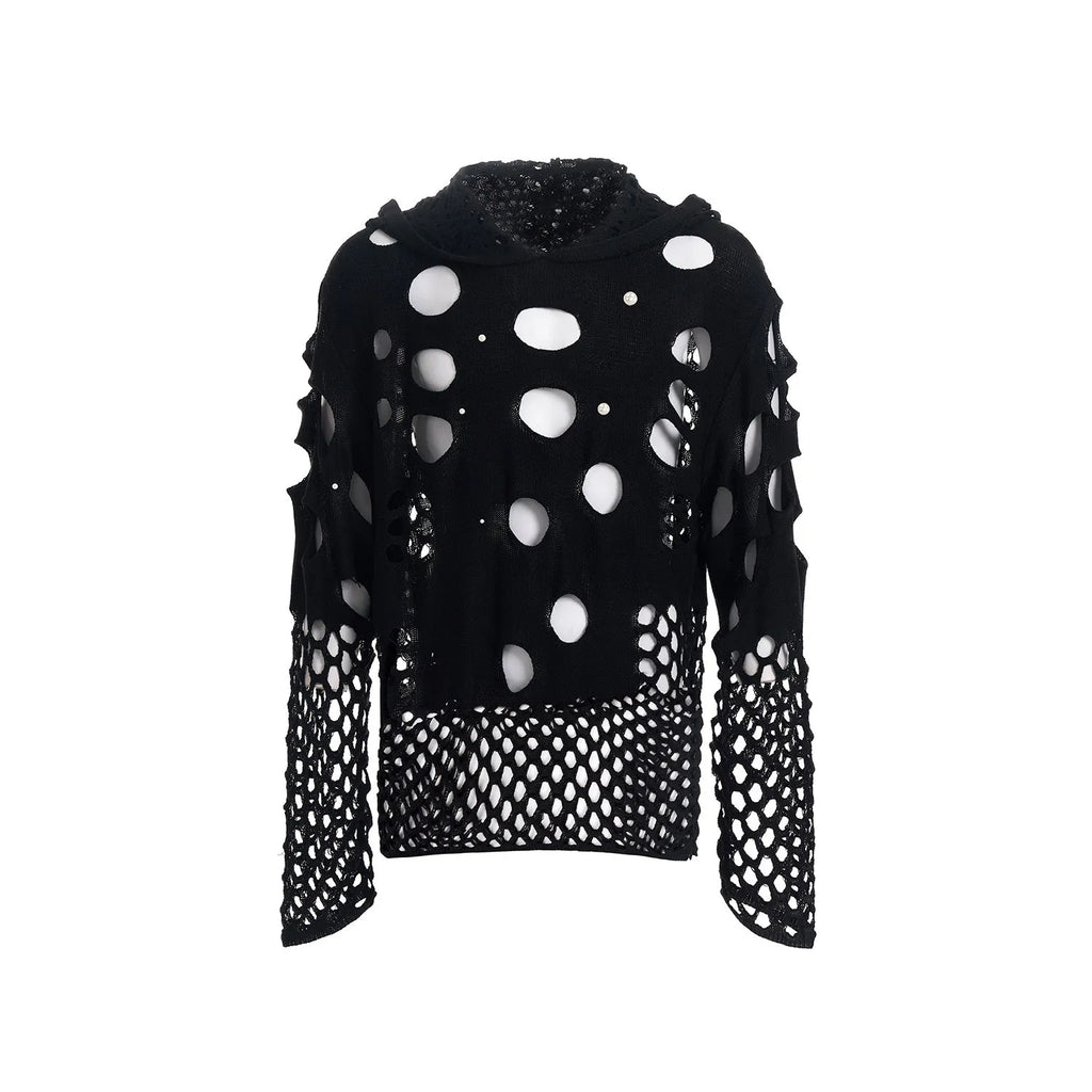 Men's black thin hoodie with hollow hood and front pearl decorative details.