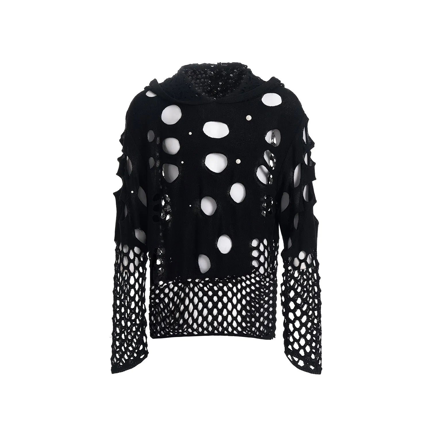 Men's black thin hoodie with hollow hood and front pearl decorative details.