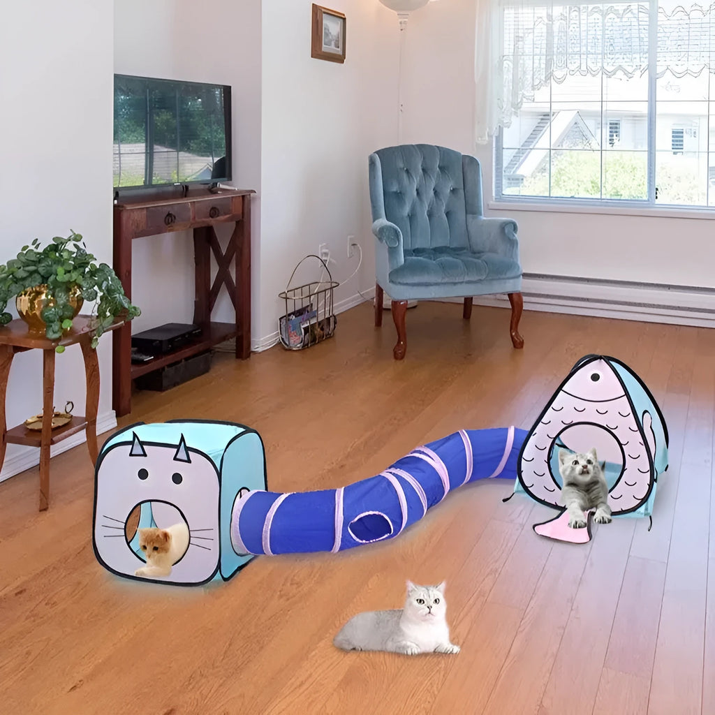 Foldable pet tent cat tunnel play set with cat and fish design motif