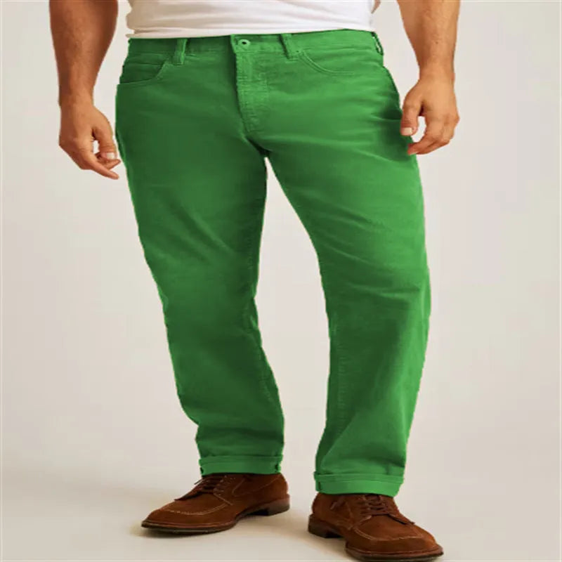 Corduroy straight leg trousers in green colour with loose casual fit and mid-waist design