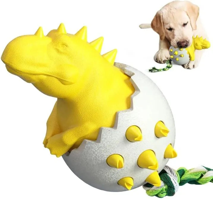 Blue durable rubber dog chew toy with rope and dinosaur design for aggressive chewers